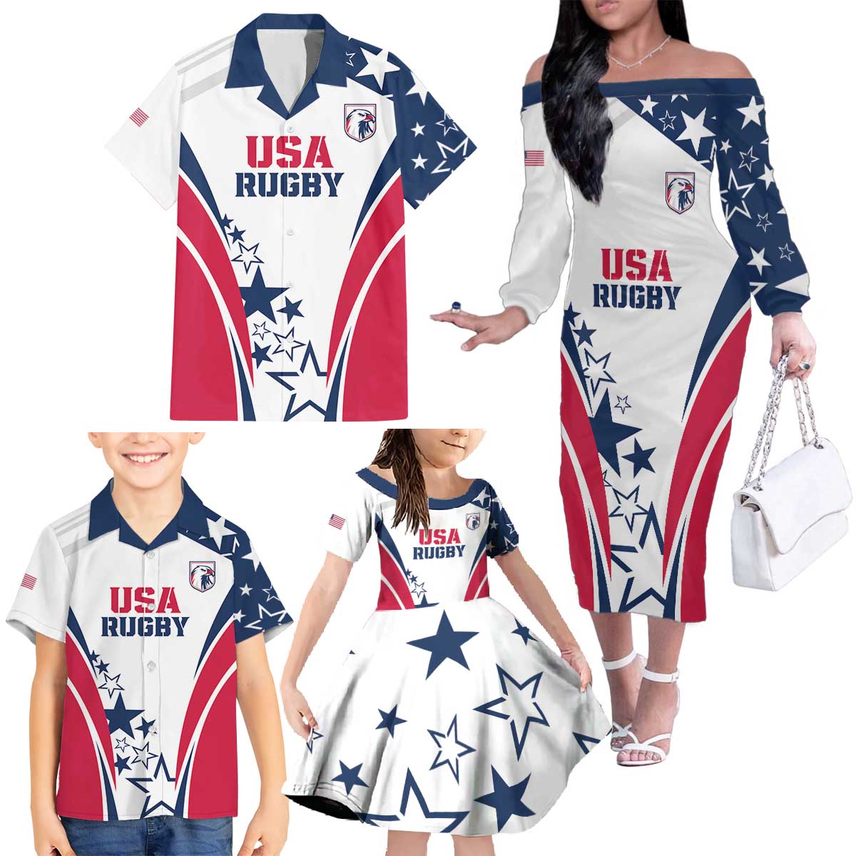 Custom USA Rugby 2024 Family Matching Off The Shoulder Long Sleeve Dress and Hawaiian Shirt Eagles Reigns Supreme White Version LT05 - Wonder Print Shop