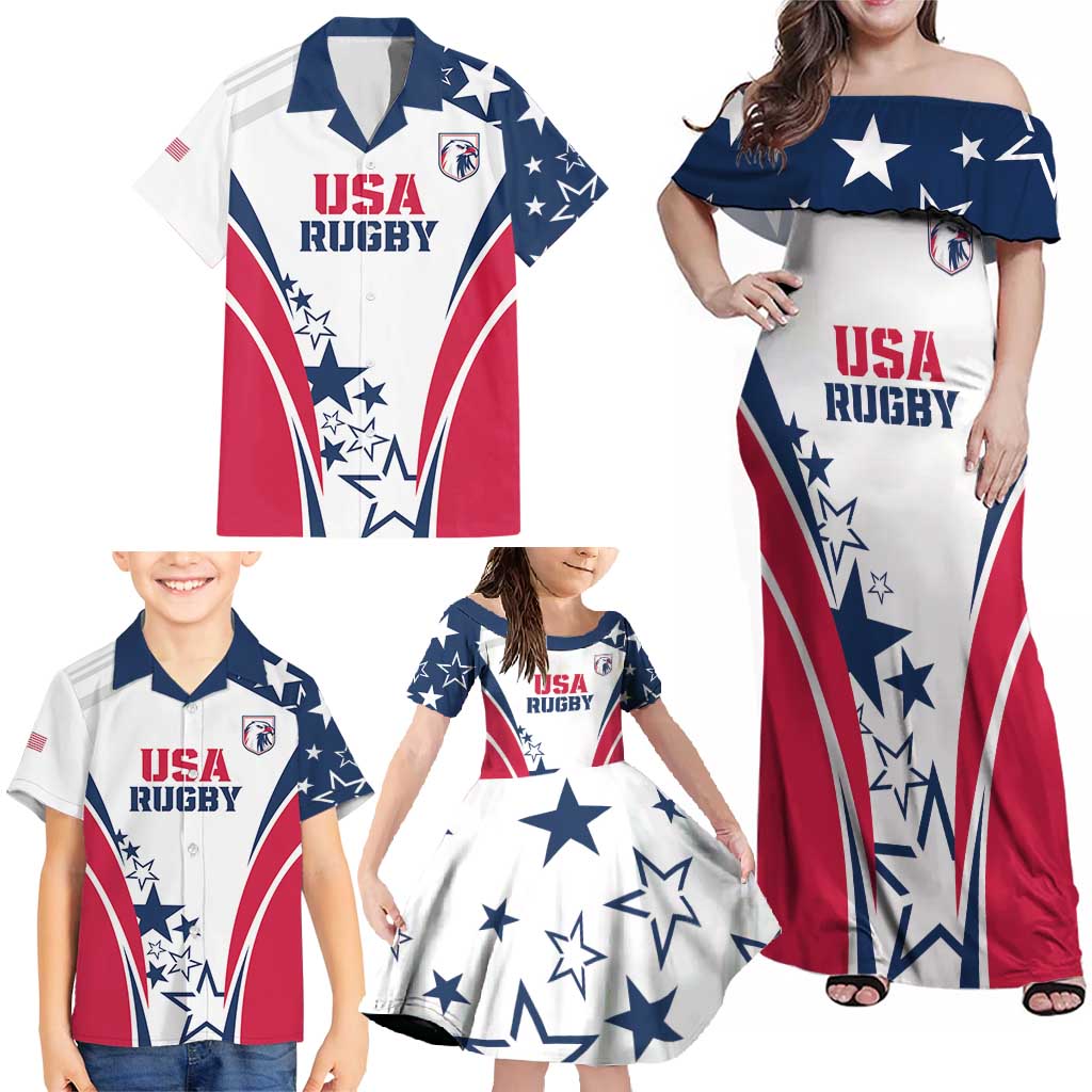 Custom USA Rugby 2024 Family Matching Off Shoulder Maxi Dress and Hawaiian Shirt Eagles Reigns Supreme White Version LT05 - Wonder Print Shop