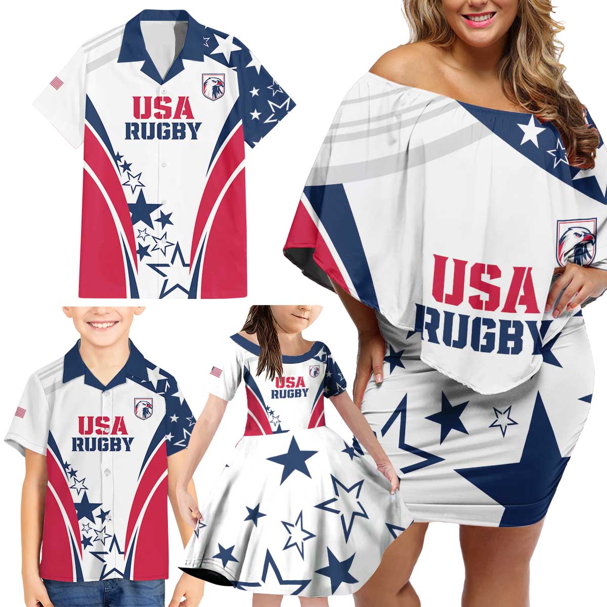 Custom USA Rugby 2024 Family Matching Off Shoulder Short Dress and Hawaiian Shirt Eagles Reigns Supreme White Version LT05 - Wonder Print Shop