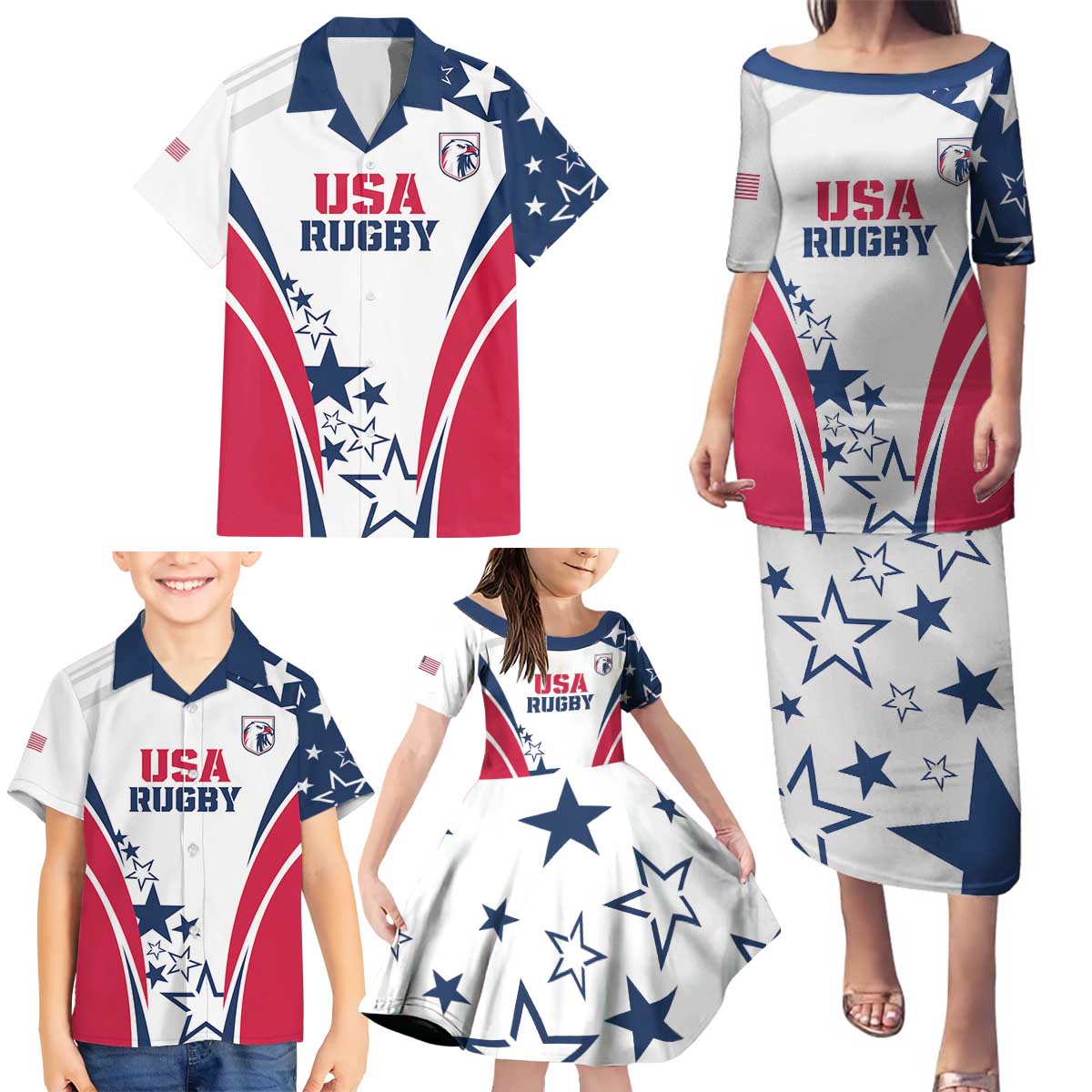 Custom USA Rugby 2024 Family Matching Puletasi and Hawaiian Shirt Eagles Reigns Supreme White Version LT05 - Wonder Print Shop