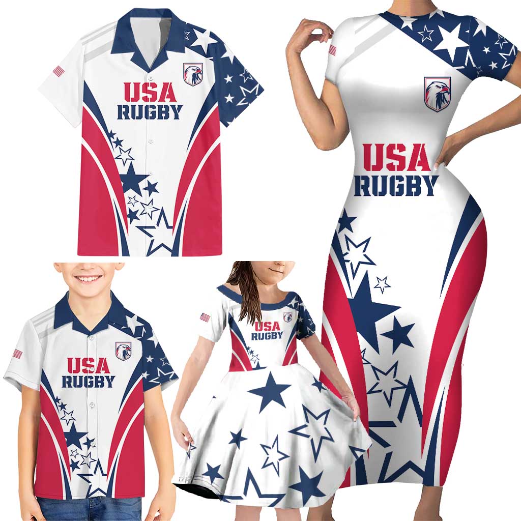 Custom USA Rugby 2024 Family Matching Short Sleeve Bodycon Dress and Hawaiian Shirt Eagles Reigns Supreme White Version LT05 - Wonder Print Shop