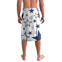 White rugby shorts with navy and blue star pattern and solid dark blue side panel