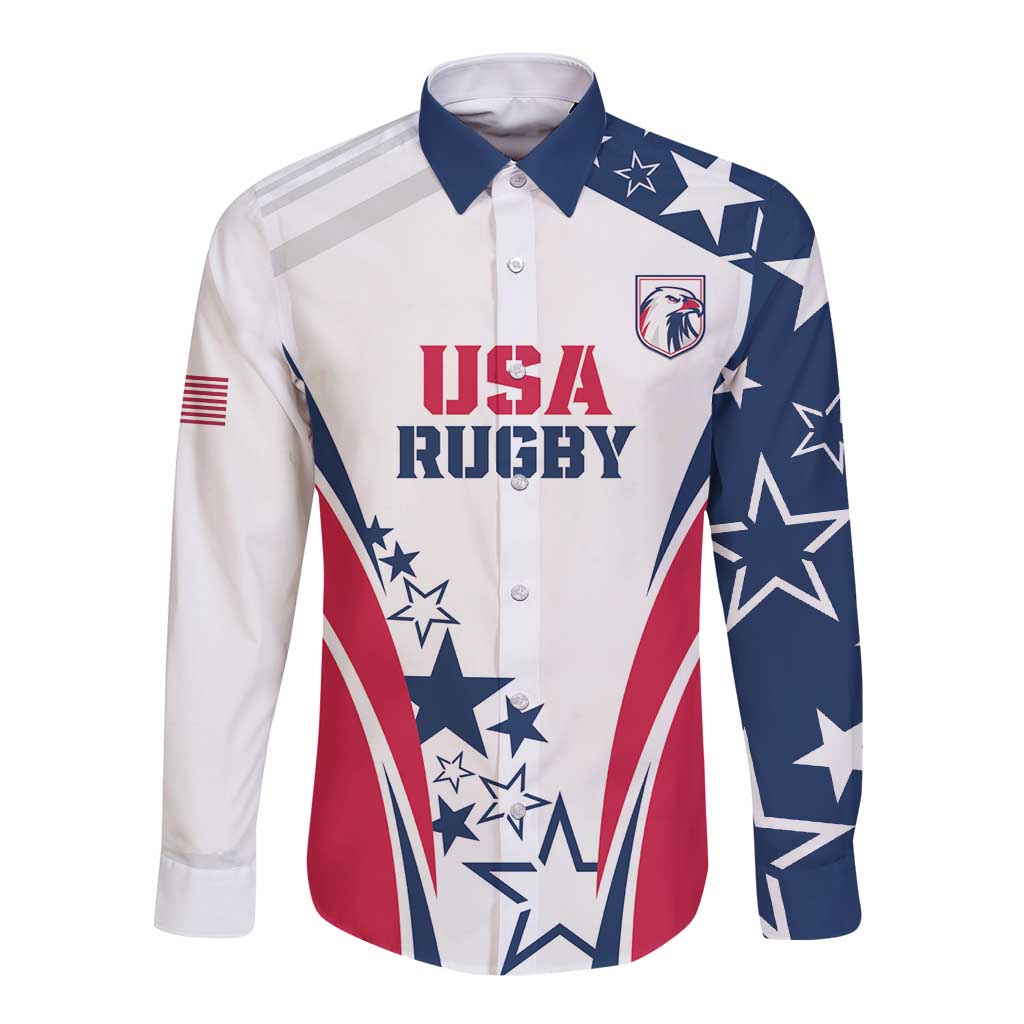 White long-sleeve button rugby shirt with USA flag stars-and-stripes graphic