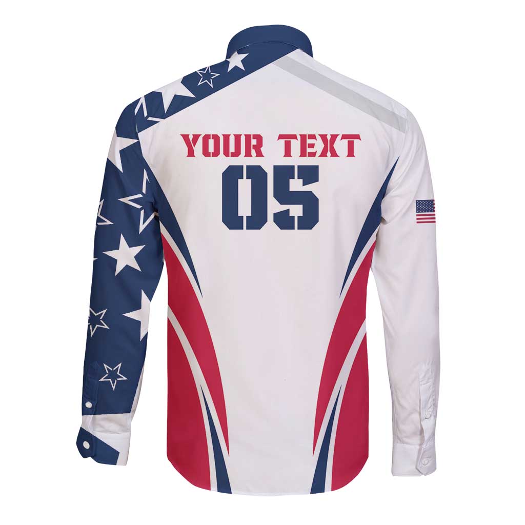 White long-sleeve button rugby shirt back with blue stars, red stripes, YOUR TEXT 05