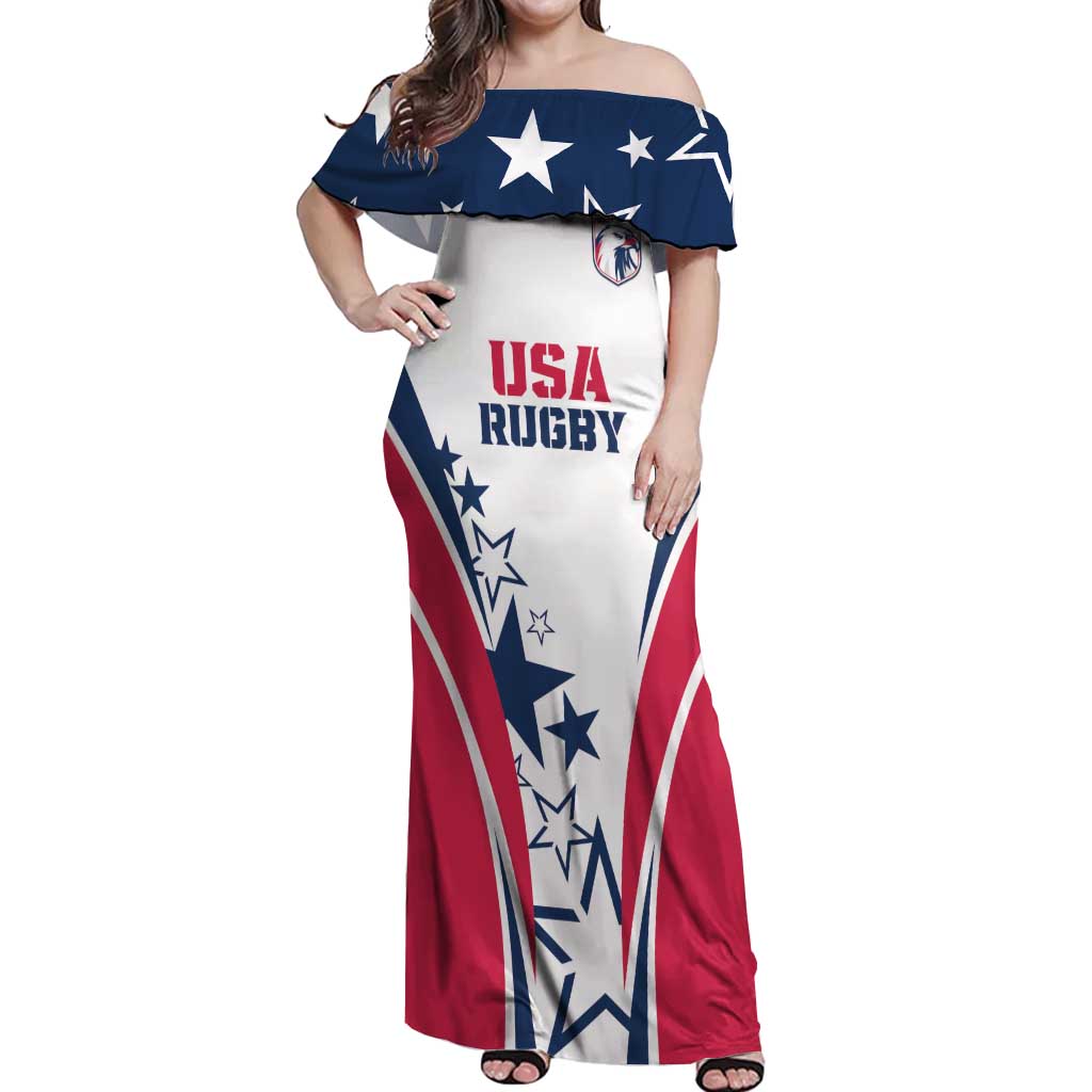 Custom USA Rugby 2024 Off Shoulder Maxi Dress Eagles Reigns Supreme White Version LT05 - Wonder Print Shop