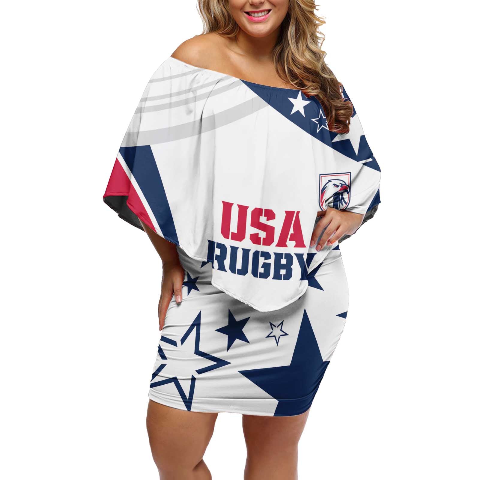 Custom USA Rugby 2024 Off Shoulder Short Dress Eagles Reigns Supreme White Version LT05 - Wonder Print Shop