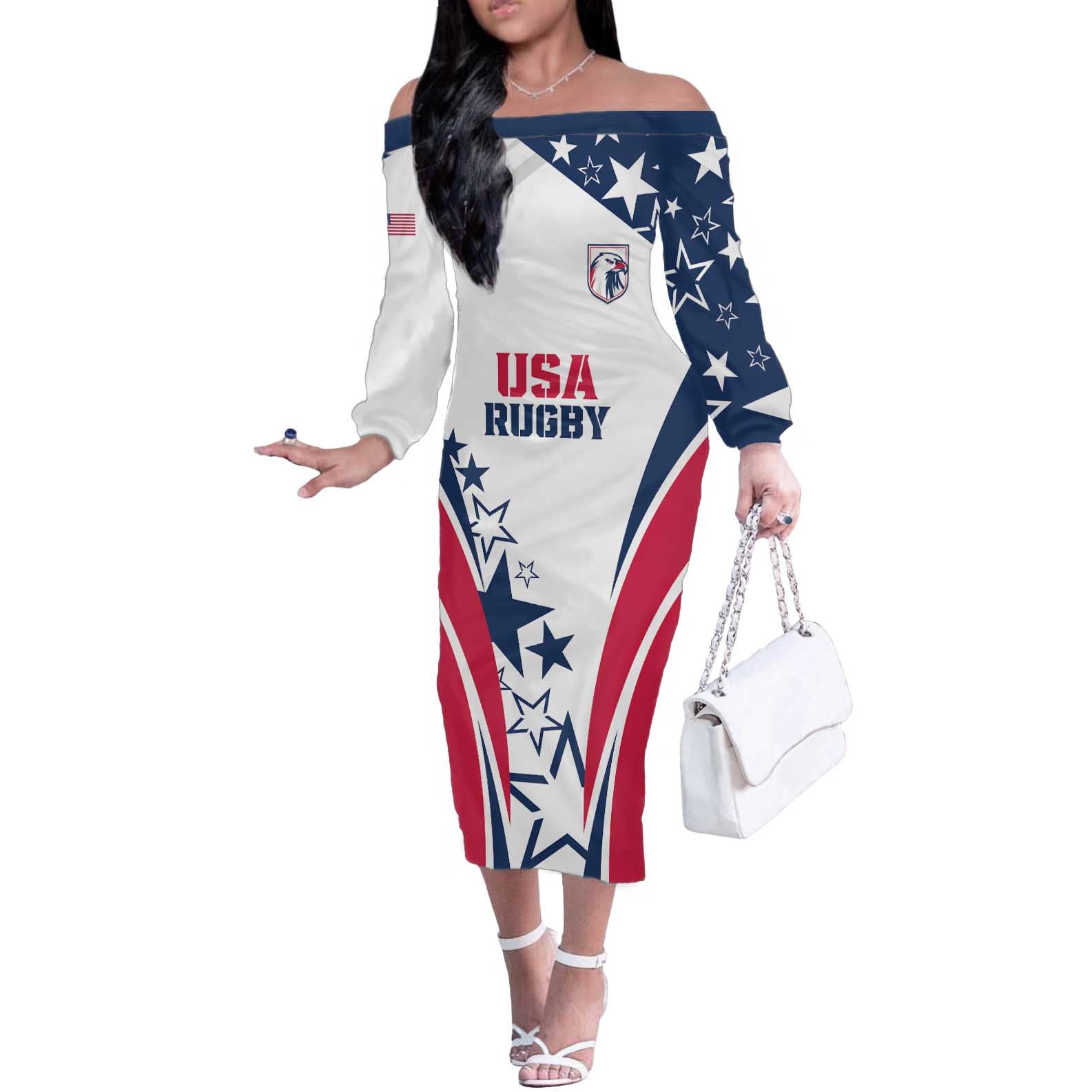 Custom USA Rugby 2024 Off The Shoulder Long Sleeve Dress Eagles Reigns Supreme White Version LT05 - Wonder Print Shop