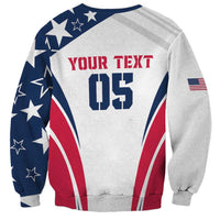 Rugby sweatshirt back with red 'YOUR TEXT', large '05', and star-and-flag sleeves