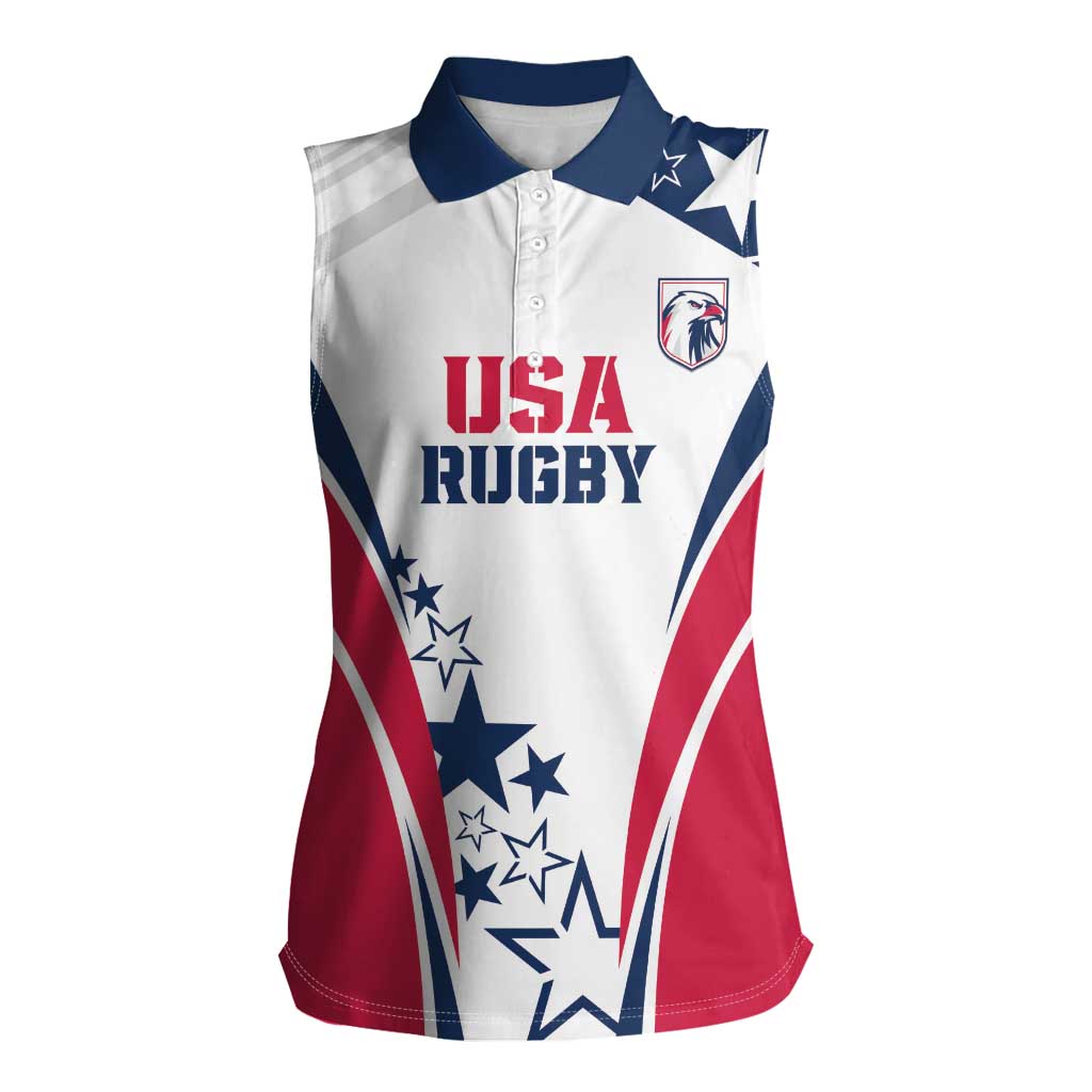 Custom USA Rugby 2024 Women Sleeveless Polo Shirt Eagles Reigns Supreme White Version