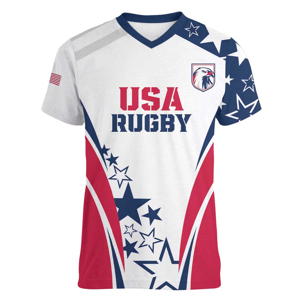 Custom USA Rugby 2024 Women V-Neck T-Shirt Eagles Reigns Supreme White Version