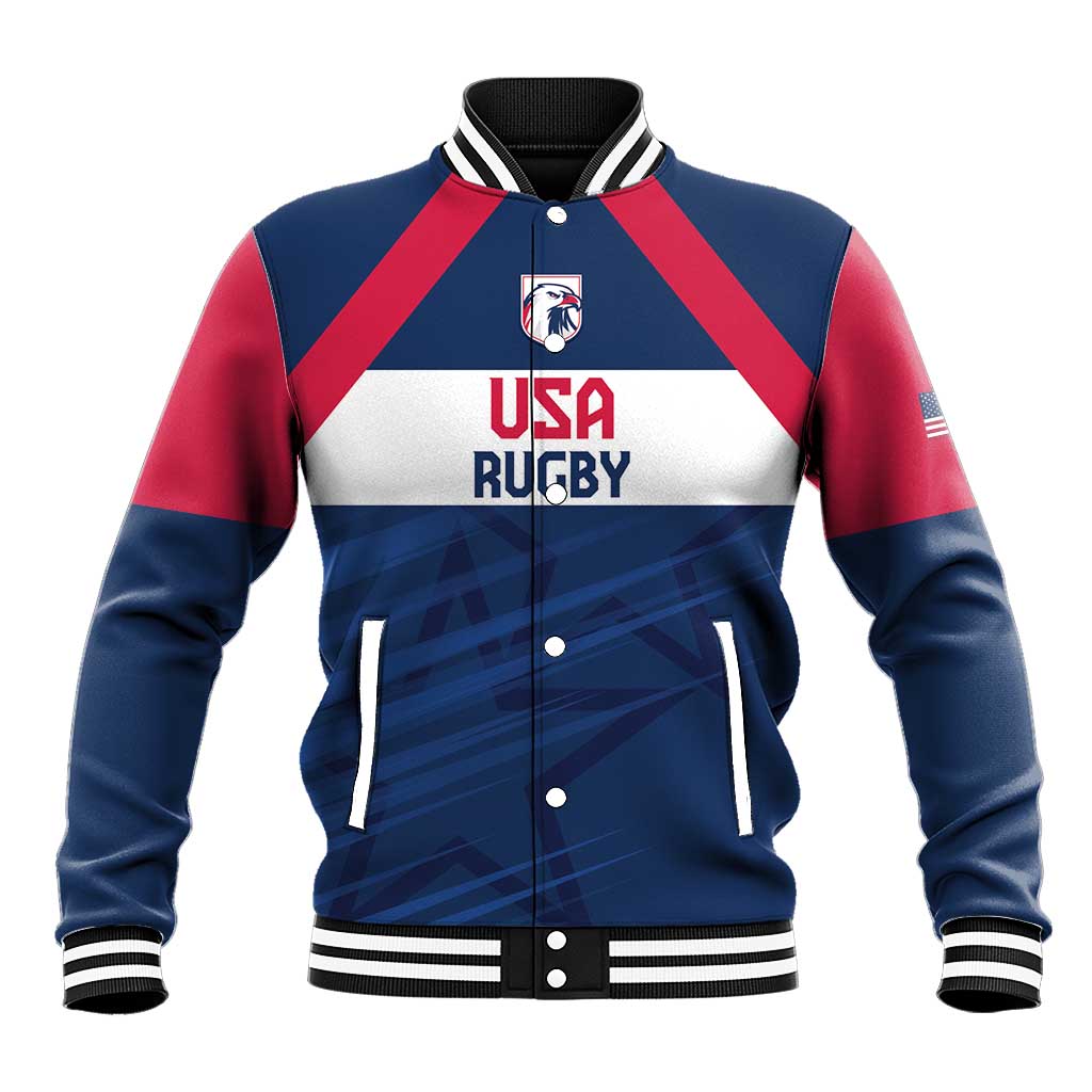 Blue and red baseball jacket front with USA Rugby logo, button placket, striped ribbed cuffs