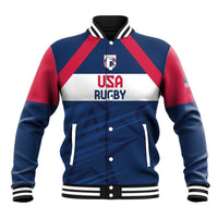 Blue and red baseball jacket front with USA Rugby logo, button placket, striped ribbed cuffs