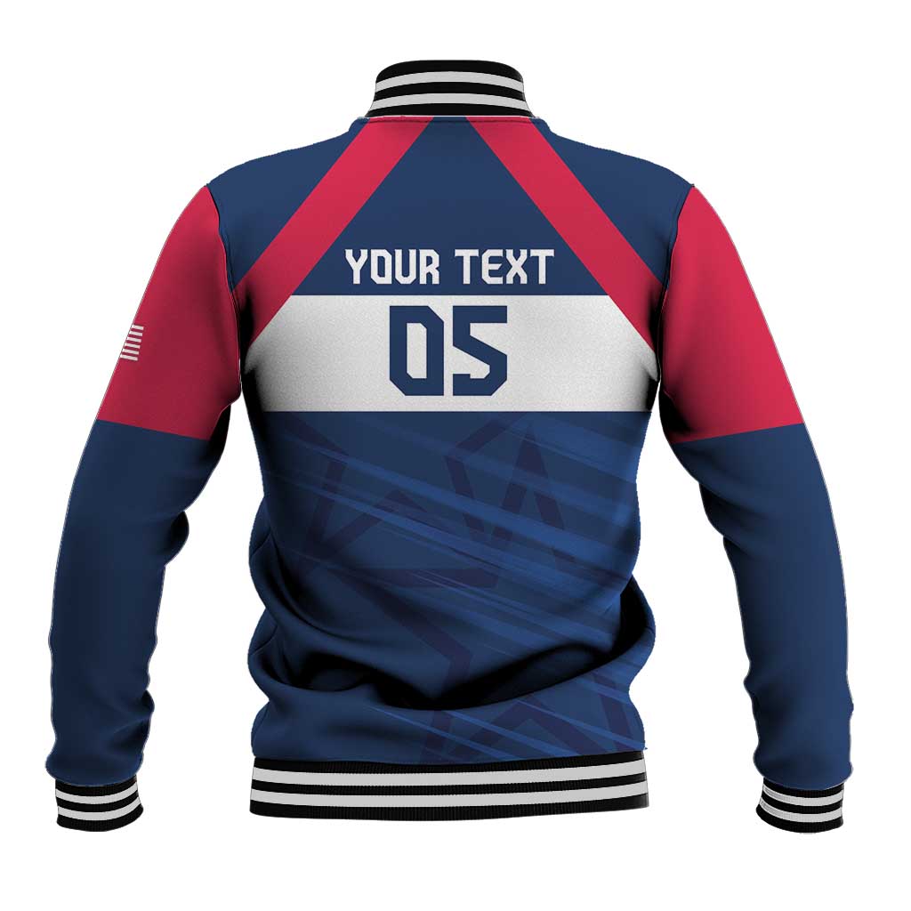 Blue and red varsity baseball jacket with striped ribbed collar and back print '05'