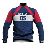 Blue and red varsity baseball jacket with striped ribbed collar and back print '05'