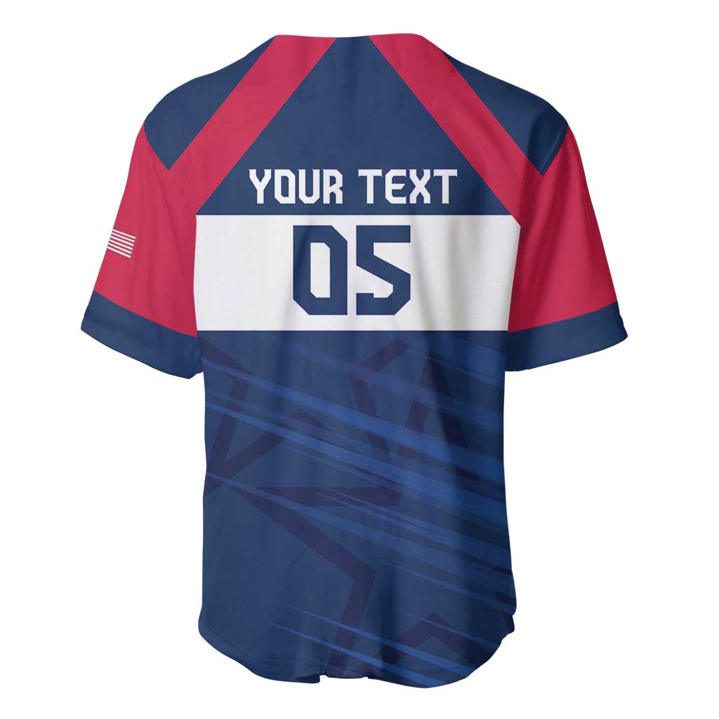 Blue and red rugby baseball jersey back with YOUR TEXT and large 05 number