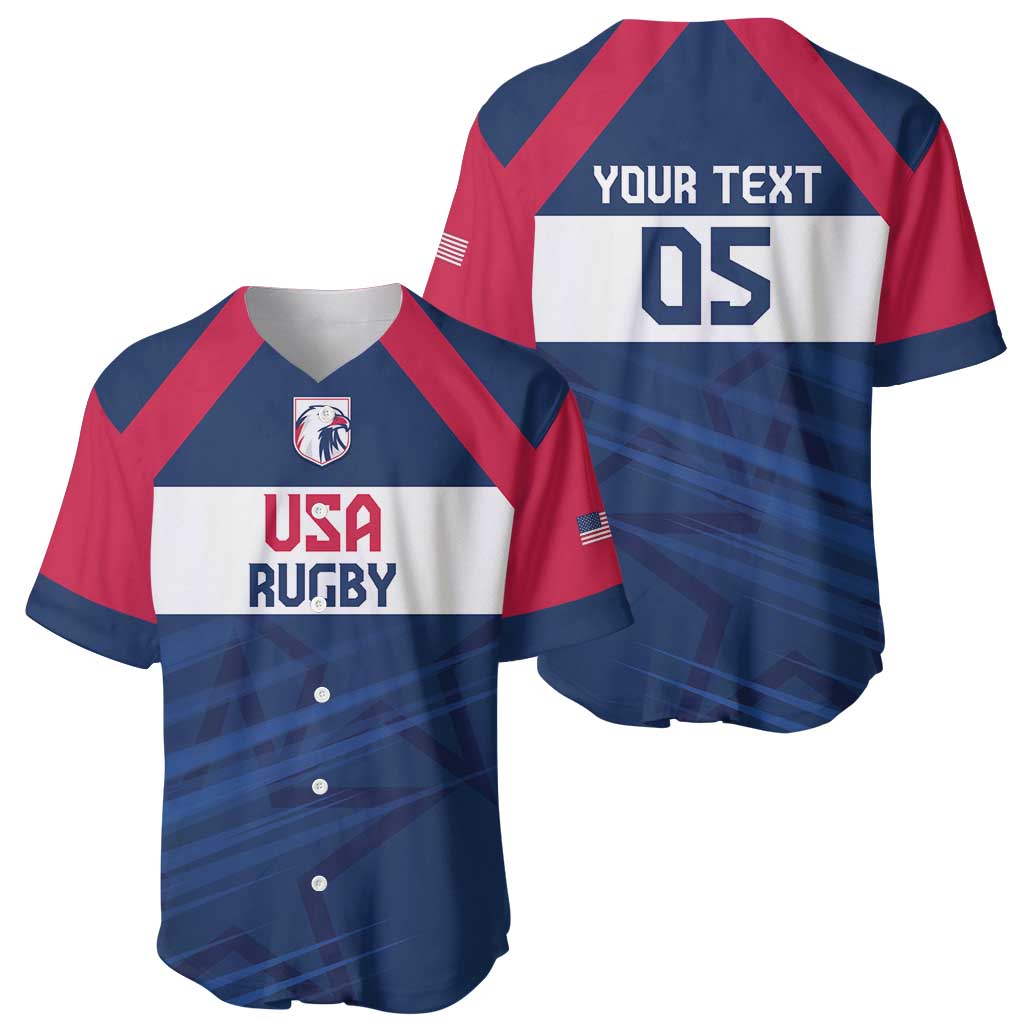 Blue and red rugby baseball jersey set, front USA Rugby logo and back YOUR TEXT 05