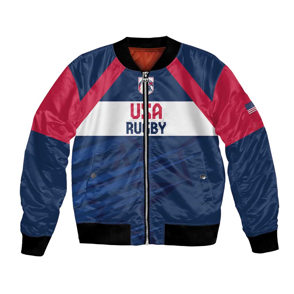 Blue bomber jacket with red chevron stripes, front zipper, USA Rugby emblem