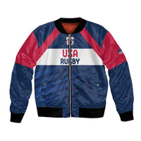 Blue bomber jacket with red chevron stripes, front zipper, USA Rugby emblem