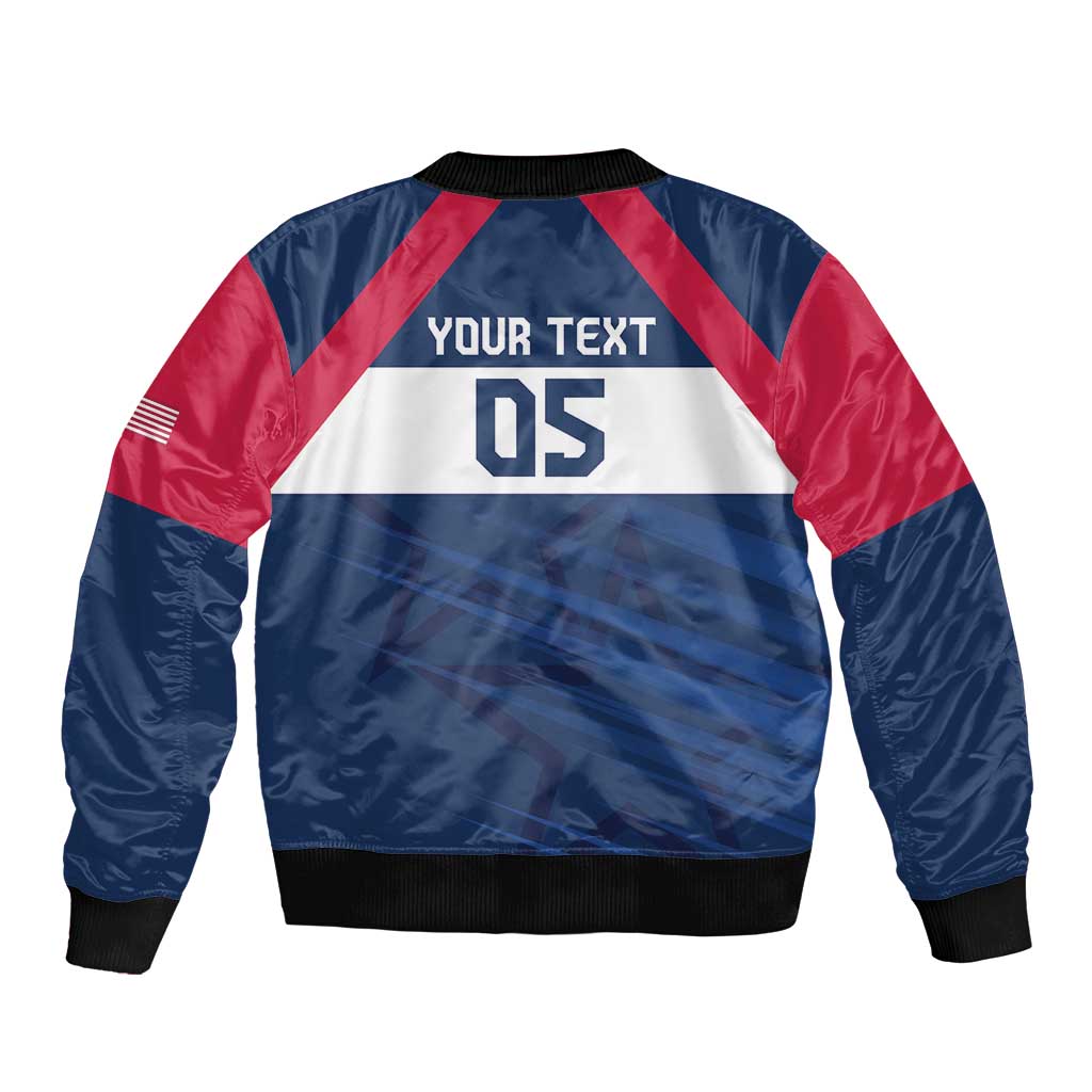 Blue bomber jacket with red stripes, back graphic reading YOUR TEXT and 05
