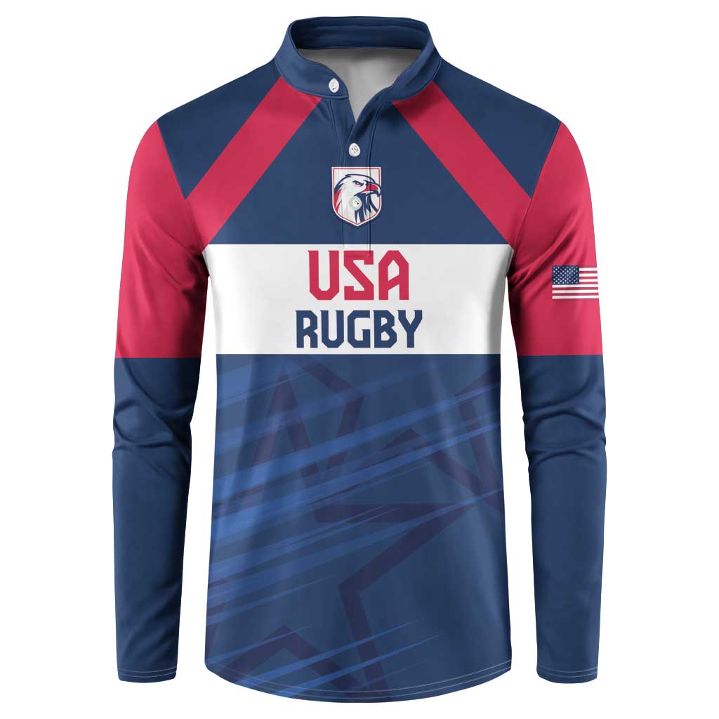 Navy-red long-sleeve button rugby sweatshirt with USA RUGBY front print
