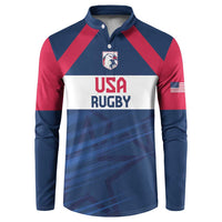 Navy-red long-sleeve button rugby sweatshirt with USA RUGBY front print