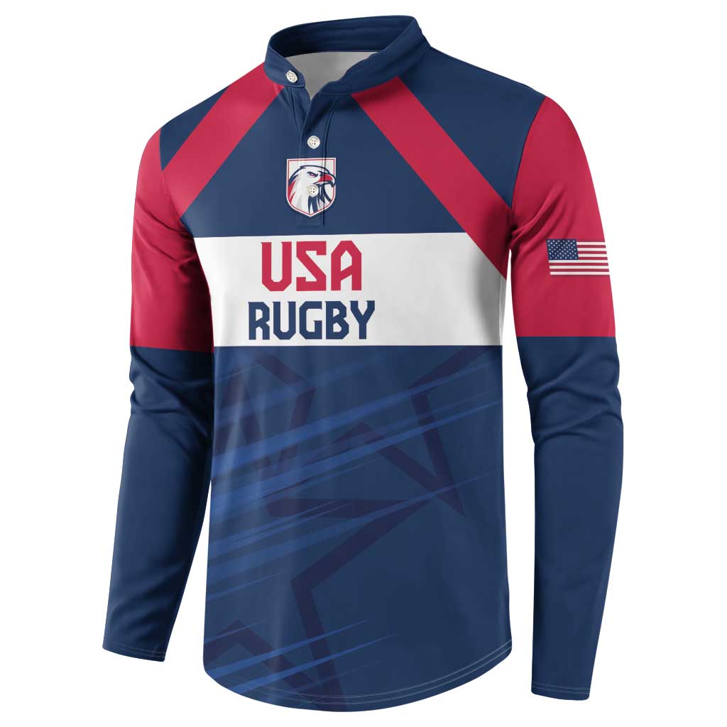 Navy-red long-sleeve button rugby sweatshirt with USA RUGBY print and USA flag sleeve