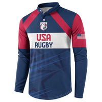 Navy-red long-sleeve button rugby sweatshirt with USA RUGBY print and USA flag sleeve