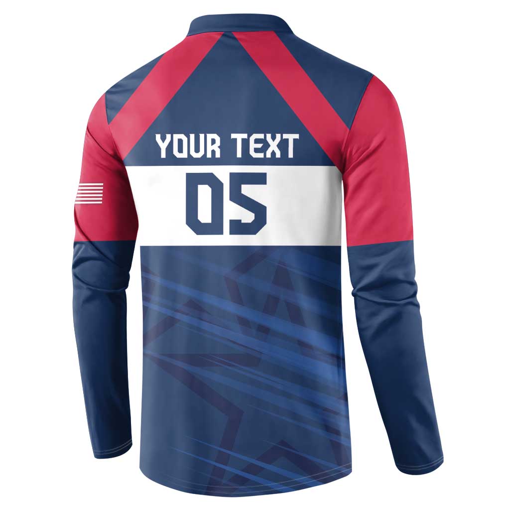 Blue-red long-sleeve button rugby sweatshirt with 'YOUR TEXT' and '05' on back