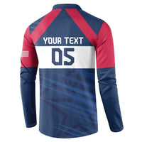 Blue-red long-sleeve button rugby sweatshirt with 'YOUR TEXT' and '05' on back