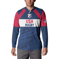 Navy-red long-sleeve button rugby sweatshirt with USA RUGBY chest print