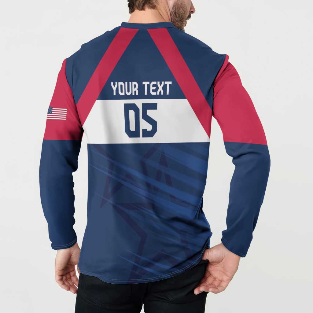 Navy-red long-sleeve button rugby sweatshirt with 'YOUR TEXT' and '05' on back panel