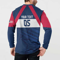 Navy-red long-sleeve button rugby sweatshirt with 'YOUR TEXT' and '05' on back panel