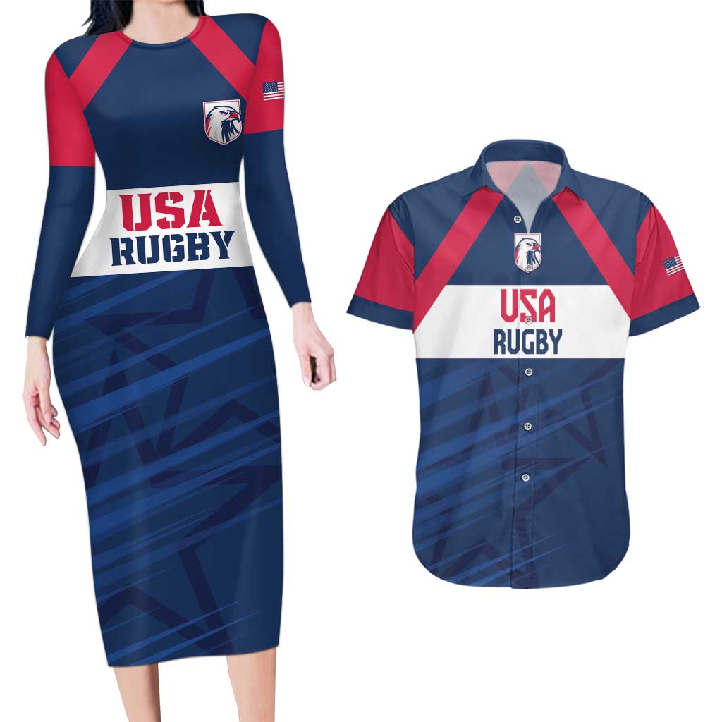 Custom USA Rugby 2024 Couples Matching Long Sleeve Bodycon Dress and Hawaiian Shirt Eagles Reigns Supreme Blue Version LT05 - Wonder Print Shop