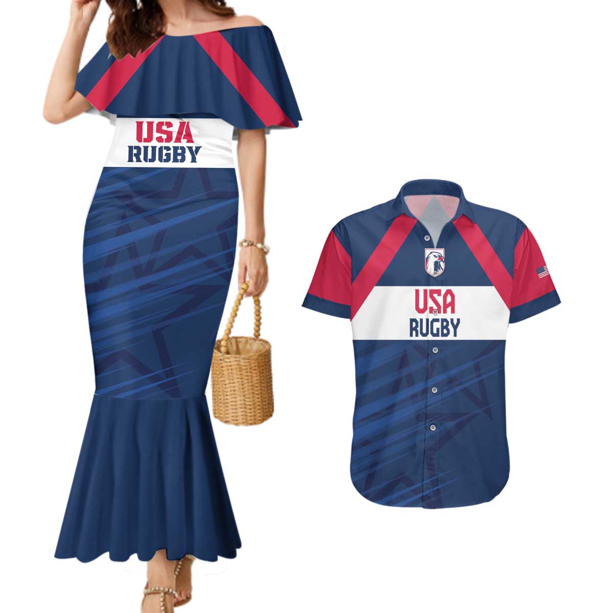 Custom USA Rugby 2024 Couples Matching Mermaid Dress and Hawaiian Shirt Eagles Reigns Supreme Blue Version LT05 - Wonder Print Shop