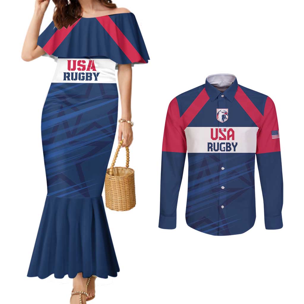 Custom USA Rugby 2024 Couples Matching Mermaid Dress and Long Sleeve Button Shirt Eagles Reigns Supreme Blue Version