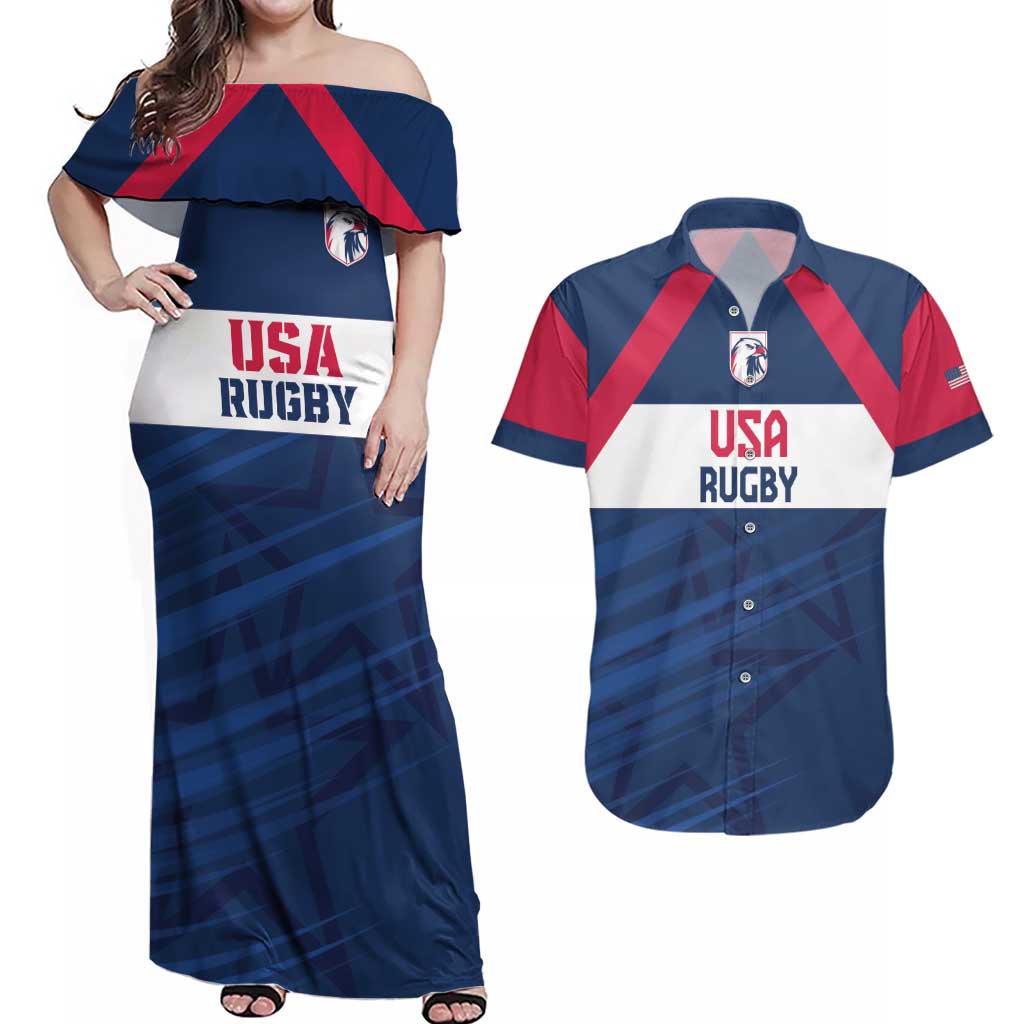 Custom USA Rugby 2024 Couples Matching Off Shoulder Maxi Dress and Hawaiian Shirt Eagles Reigns Supreme Blue Version LT05 - Wonder Print Shop