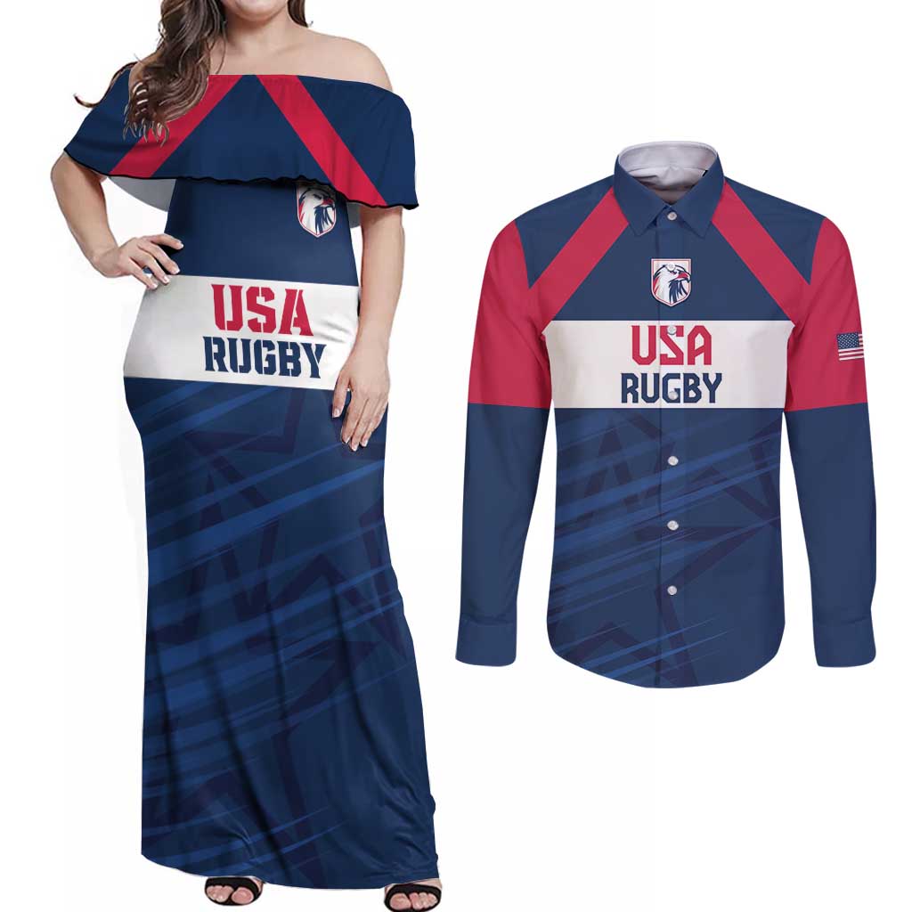 Custom USA Rugby 2024 Couples Matching Off Shoulder Maxi Dress and Long Sleeve Button Shirt Eagles Reigns Supreme Blue Version LT05 - Wonder Print Shop