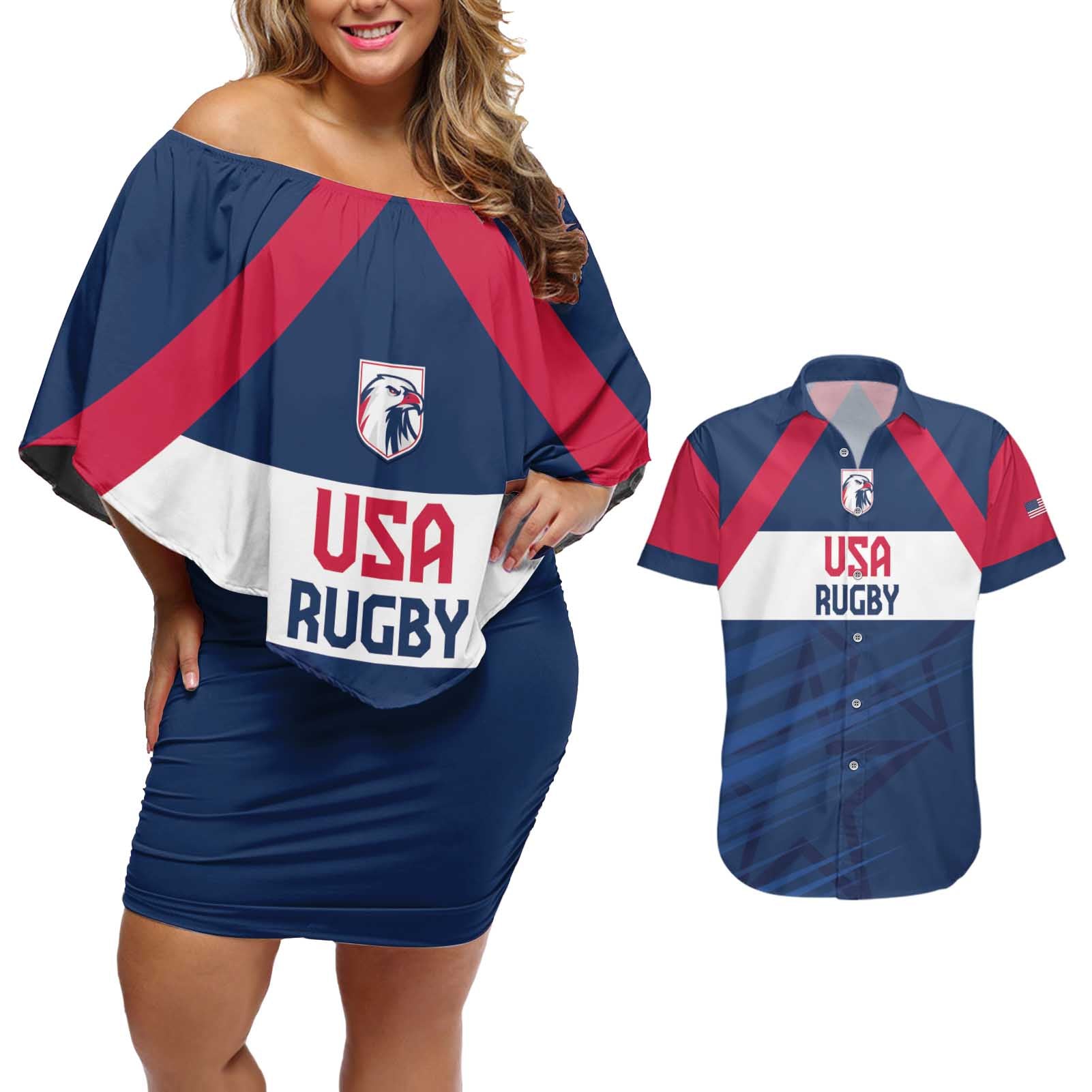 Custom USA Rugby 2024 Couples Matching Off Shoulder Short Dress and Hawaiian Shirt Eagles Reigns Supreme Blue Version LT05 - Wonder Print Shop