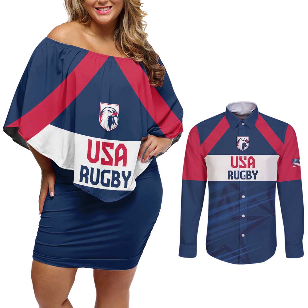 Custom USA Rugby 2024 Couples Matching Off Shoulder Short Dress and Long Sleeve Button Shirt Eagles Reigns Supreme Blue Version LT05 - Wonder Print Shop