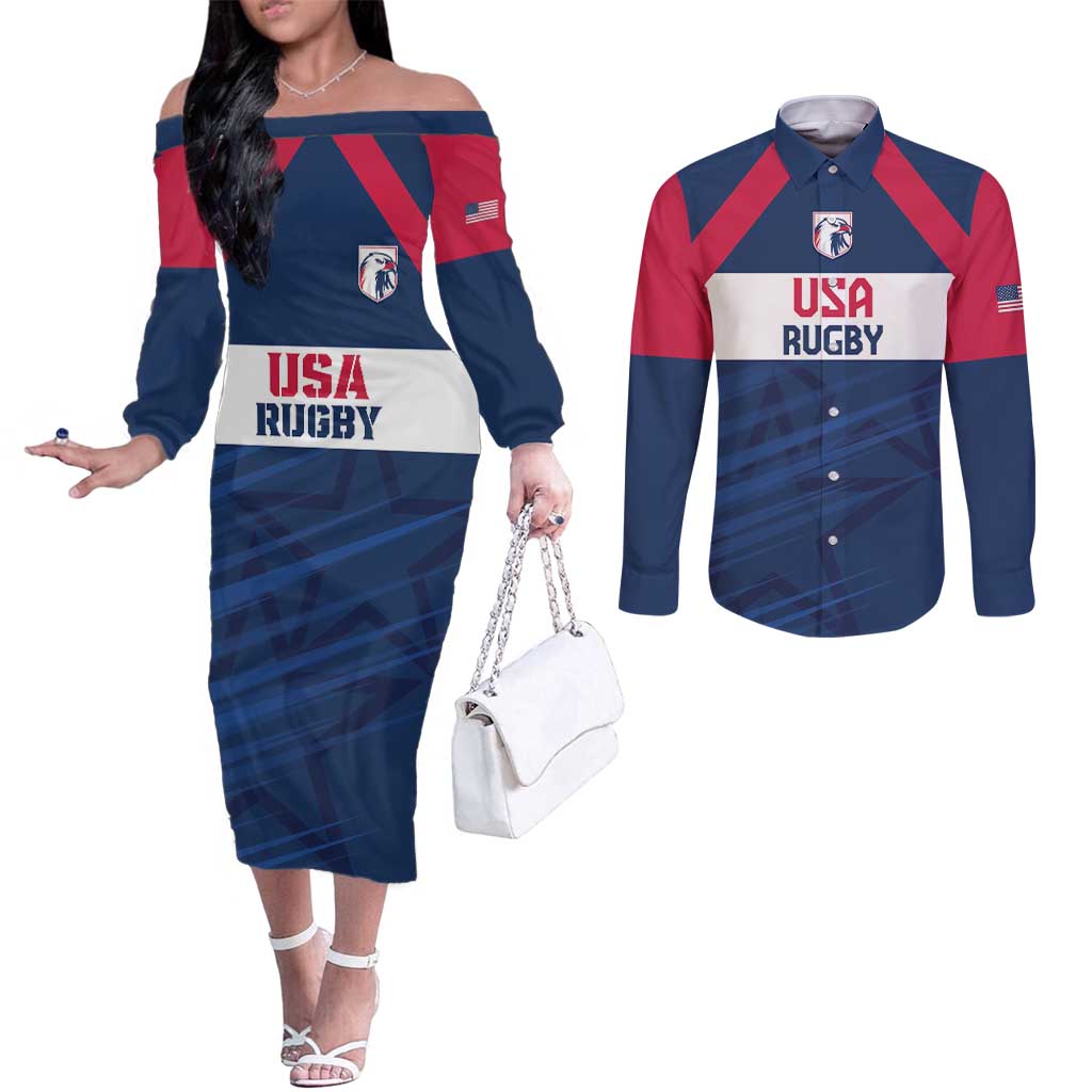 Custom USA Rugby 2024 Couples Matching Off The Shoulder Long Sleeve Dress and Long Sleeve Button Shirt Eagles Reigns Supreme Blue Version