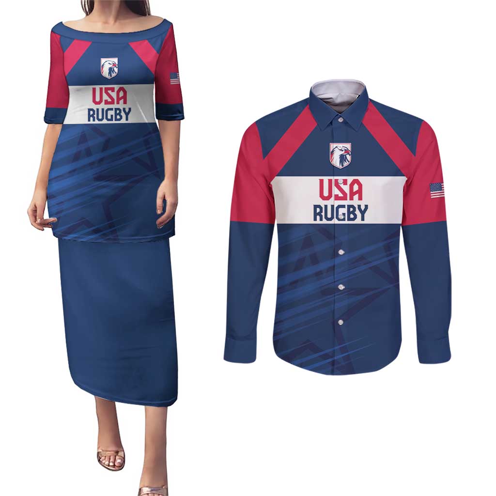 Custom USA Rugby 2024 Couples Matching Puletasi and Long Sleeve Button Shirt Eagles Reigns Supreme Blue Version LT05 - Wonder Print Shop