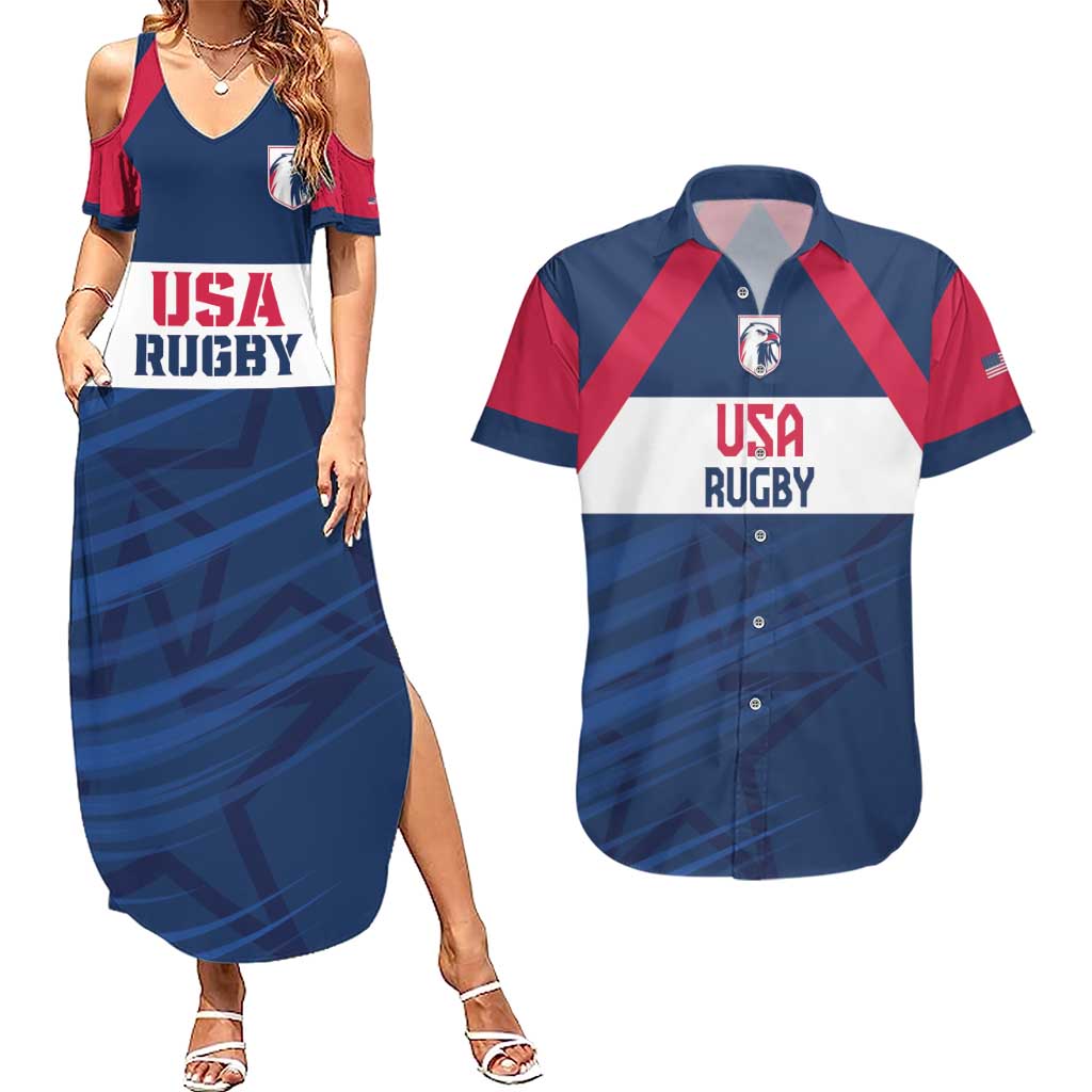 Custom USA Rugby 2024 Couples Matching Summer Maxi Dress and Hawaiian Shirt Eagles Reigns Supreme Blue Version LT05 - Wonder Print Shop