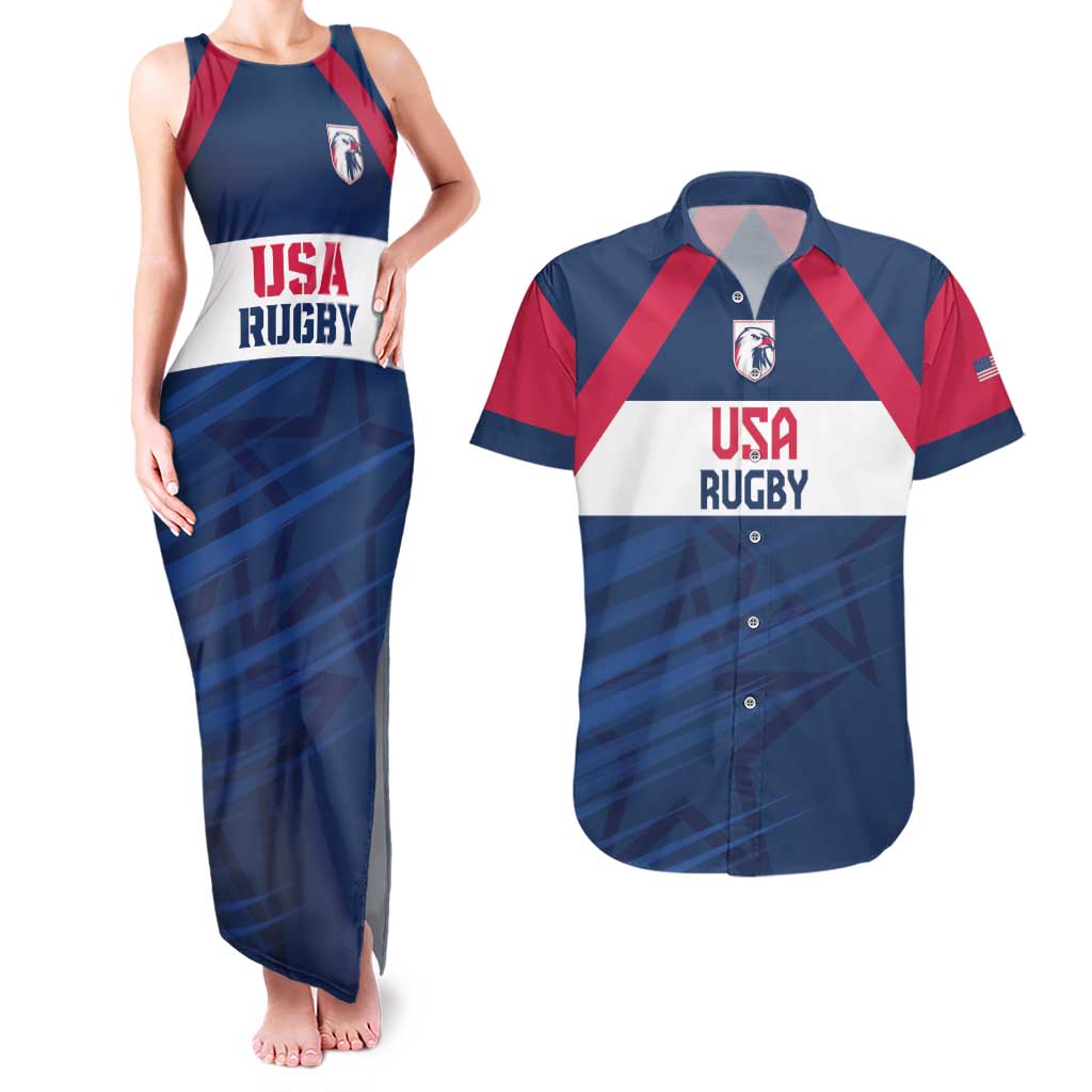 Custom USA Rugby 2024 Couples Matching Tank Maxi Dress and Hawaiian Shirt Eagles Reigns Supreme Blue Version LT05 - Wonder Print Shop