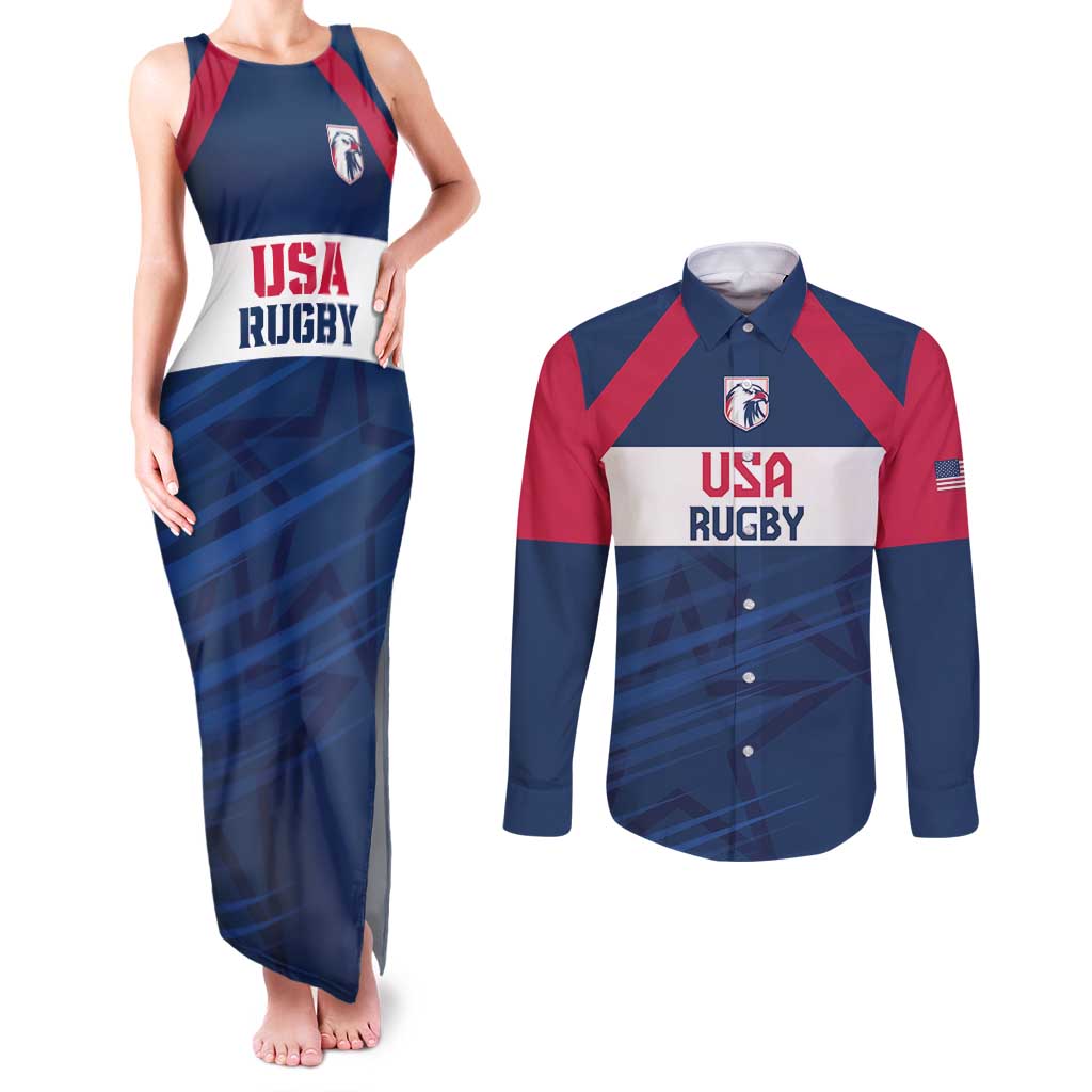 Custom USA Rugby 2024 Couples Matching Tank Maxi Dress and Long Sleeve Button Shirt Eagles Reigns Supreme Blue Version LT05 - Wonder Print Shop