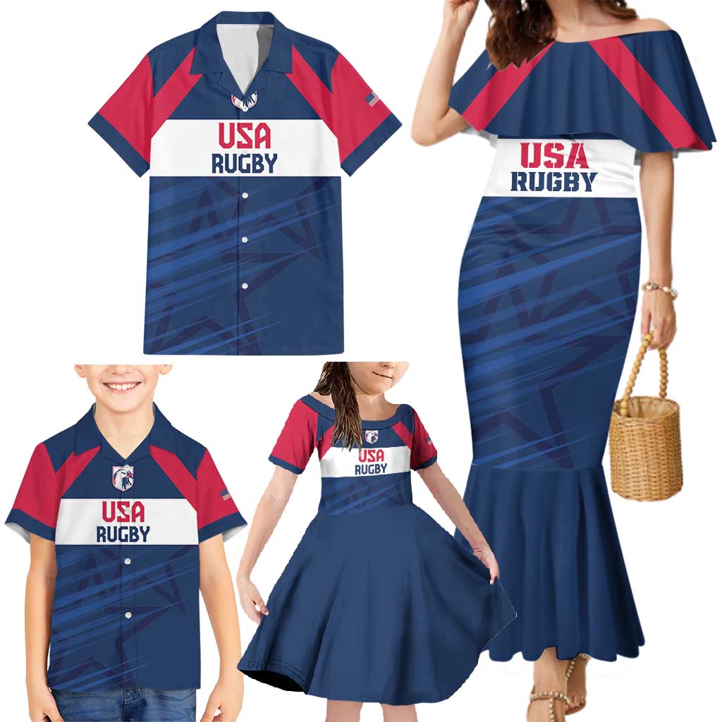 Custom USA Rugby 2024 Family Matching Mermaid Dress and Hawaiian Shirt Eagles Reigns Supreme Blue Version LT05 - Wonder Print Shop