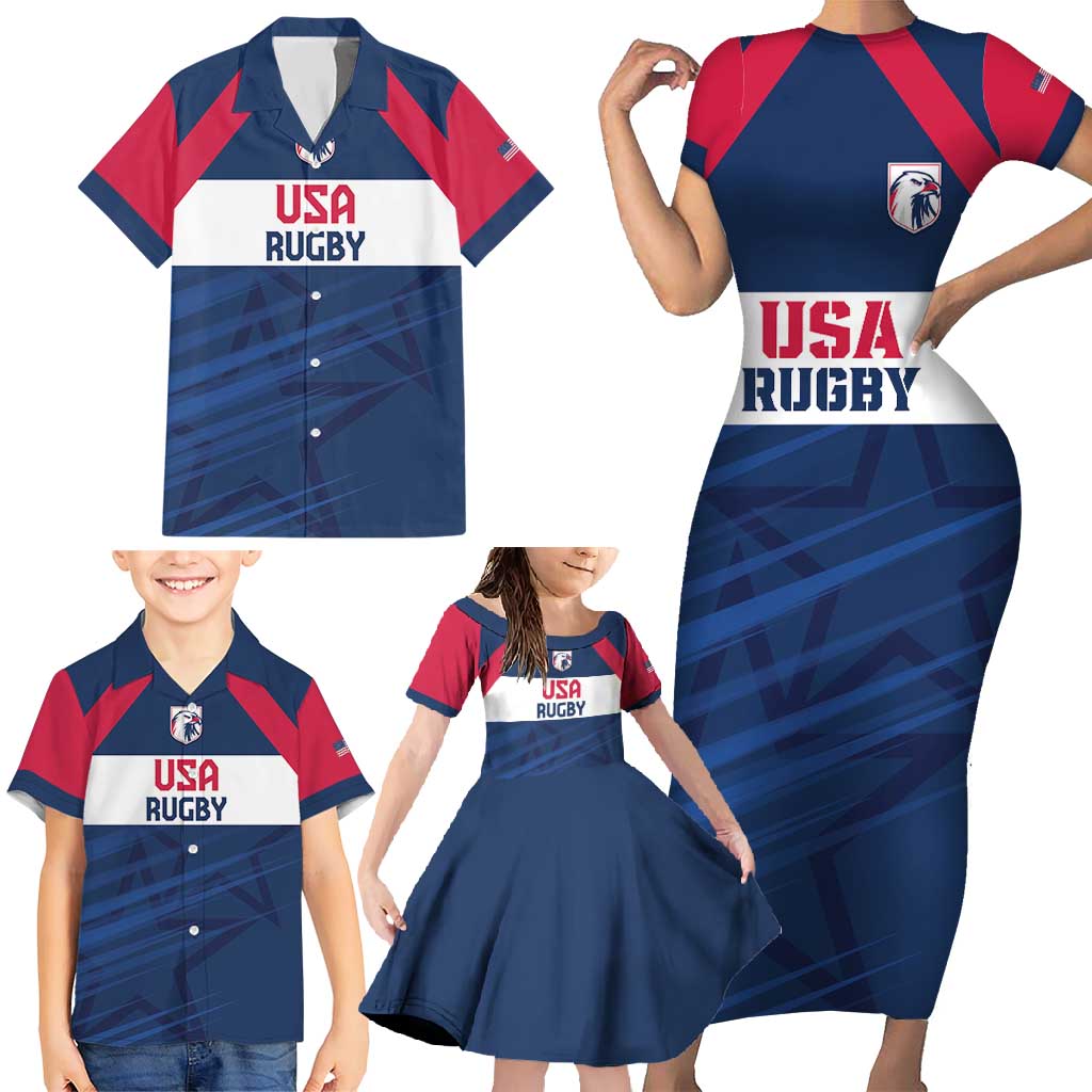 Custom USA Rugby 2024 Family Matching Short Sleeve Bodycon Dress and Hawaiian Shirt Eagles Reigns Supreme Blue Version LT05 - Wonder Print Shop