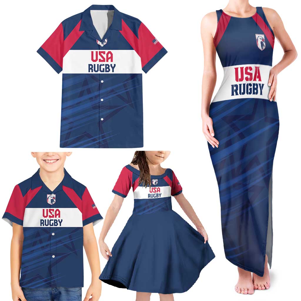 Custom USA Rugby 2024 Family Matching Tank Maxi Dress and Hawaiian Shirt Eagles Reigns Supreme Blue Version LT05 - Wonder Print Shop