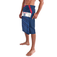 Blue sport wrap skirt with red diagonal stripe and front graphic panel