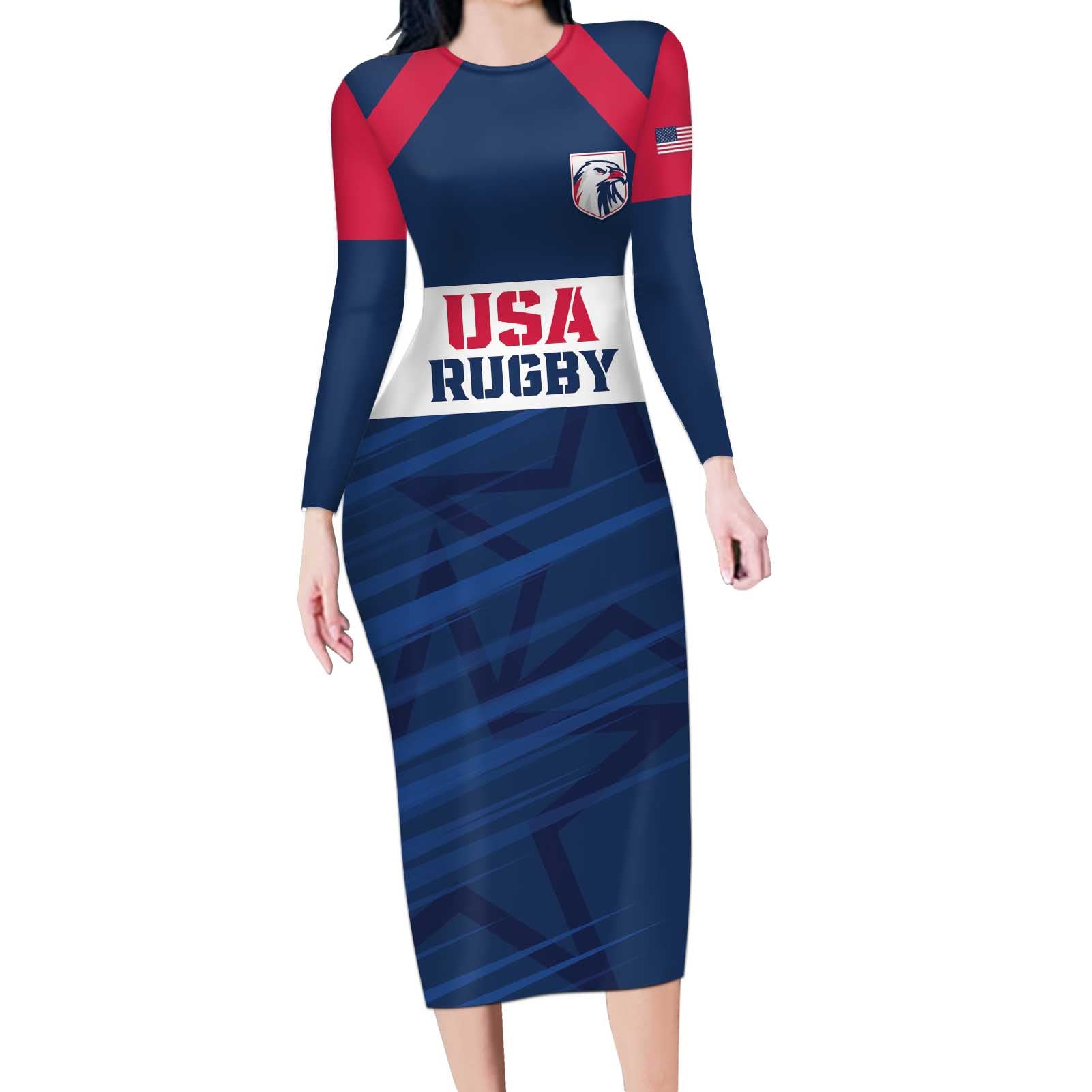 Custom USA Rugby 2024 Long Sleeve Bodycon Dress Eagles Reigns Supreme Blue Version LT05 - Wonder Print Shop