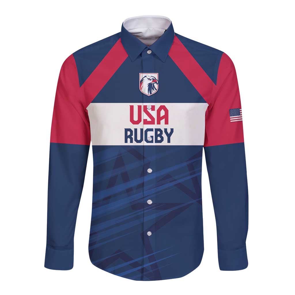 Blue long-sleeve rugby button shirt with red chevrons, USA Rugby emblem and USA text